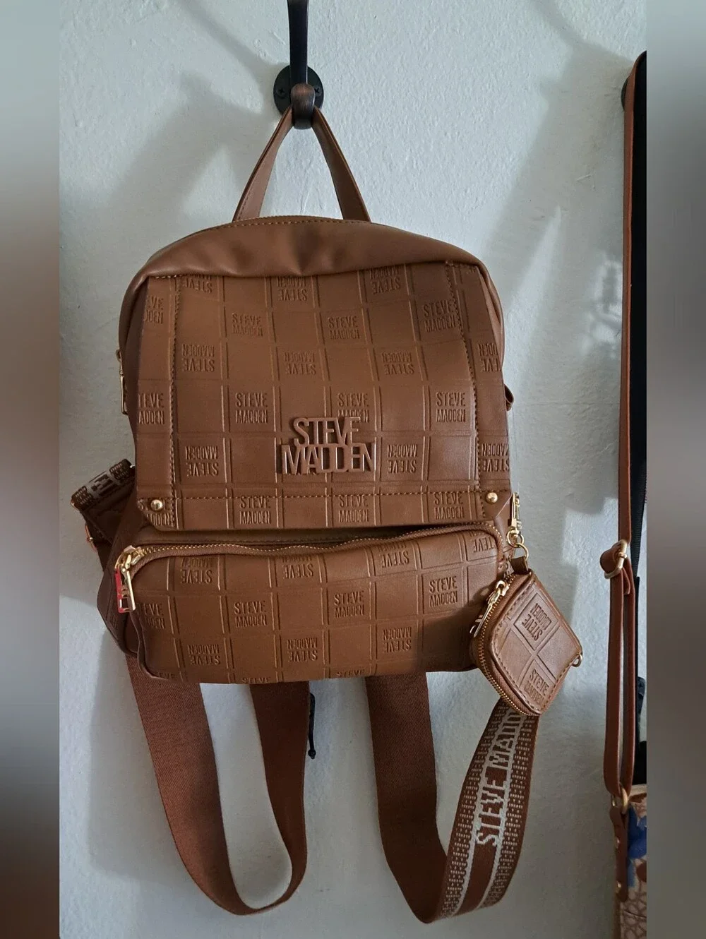 Steve Madden Tan/Brown Logo-Embossed Mini Backpack with Coin Pouch